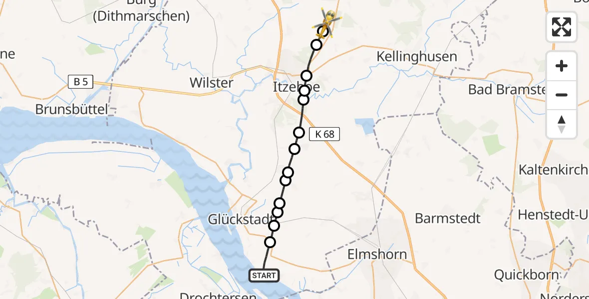 Flugroute Rettungshubschrauber Kollmar - Hohenlockstedt, 18 Februar 2026, 17:15
