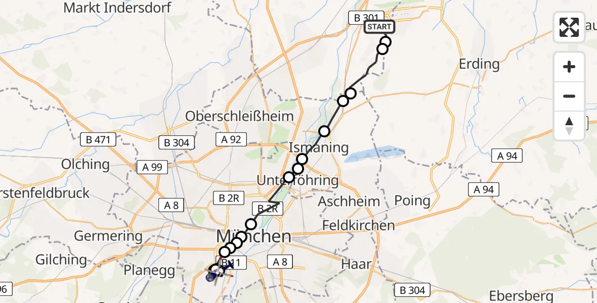 Flugroute Polizeihubschrauber Munich Airport - Thalkirchen-Obersendling-Forstenried-Fürstenried-Solln, 18 Februar 2026, 17:27