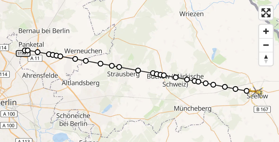Flugroute Rettungshubschrauber Helios Clinic Berlin-Buch Heliport - Seelow, 18 Februar 2026, 17:43
