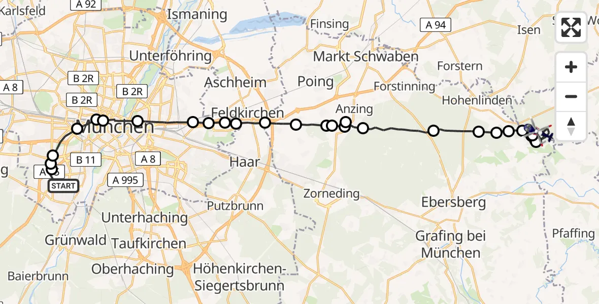 Flugroute Polizeihubschrauber Thalkirchen-Obersendling-Forstenried-Fürstenried-Solln - Maitenbeth, 18 Februar 2026, 17:57