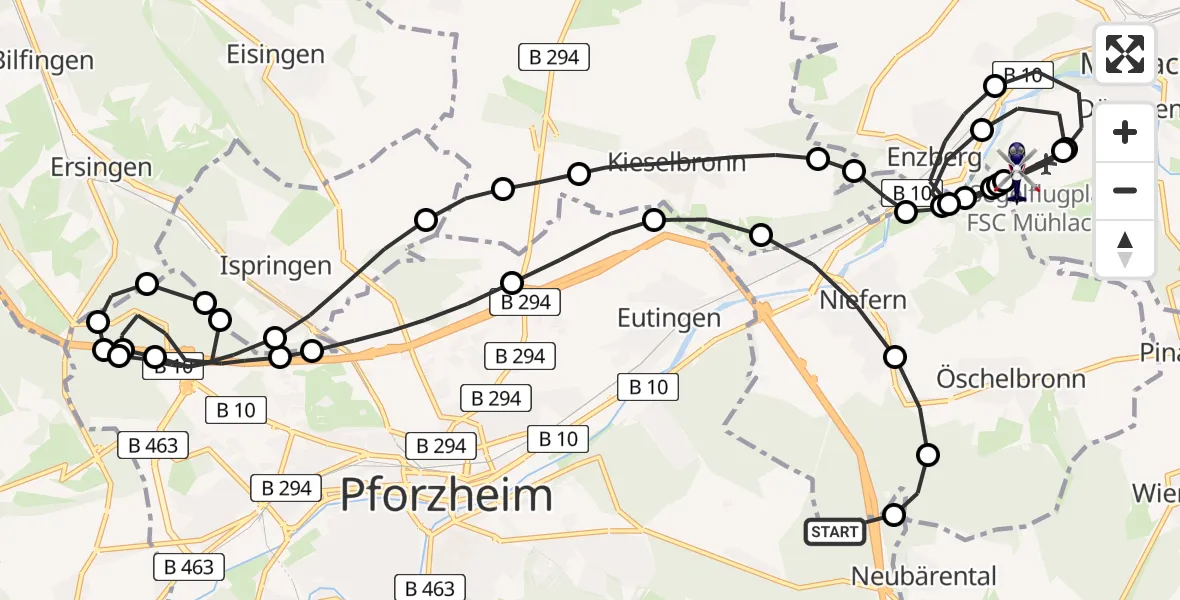 Flugroute Polizeihubschrauber Pforzheim - Hangensteiner Hof Airfield, 18 Februar 2026, 18:10