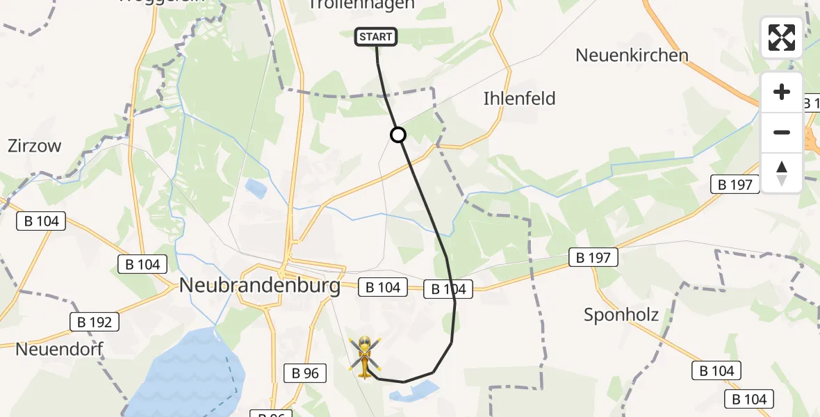 Flugroute Rettungshubschrauber Neubrandenburg Trollenhagen Airport - Neubrandenburg, 18 Februar 2026, 18:30