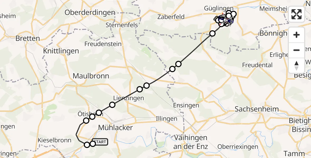 Flugroute Polizeihubschrauber Hangensteiner Hof Airfield - Güglingen, 18 Februar 2026, 18:40