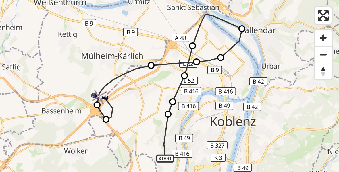 Flugroute Polizeihubschrauber Güls - Mülheim-Kärlich, 18 Februar 2026, 18:49