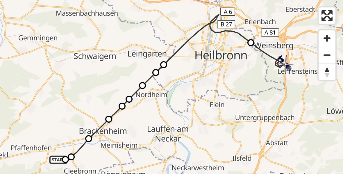 Routekaart van de vlucht: Polizeihubschrauber nach Weinsberg (Kernstadt), Eisenhut