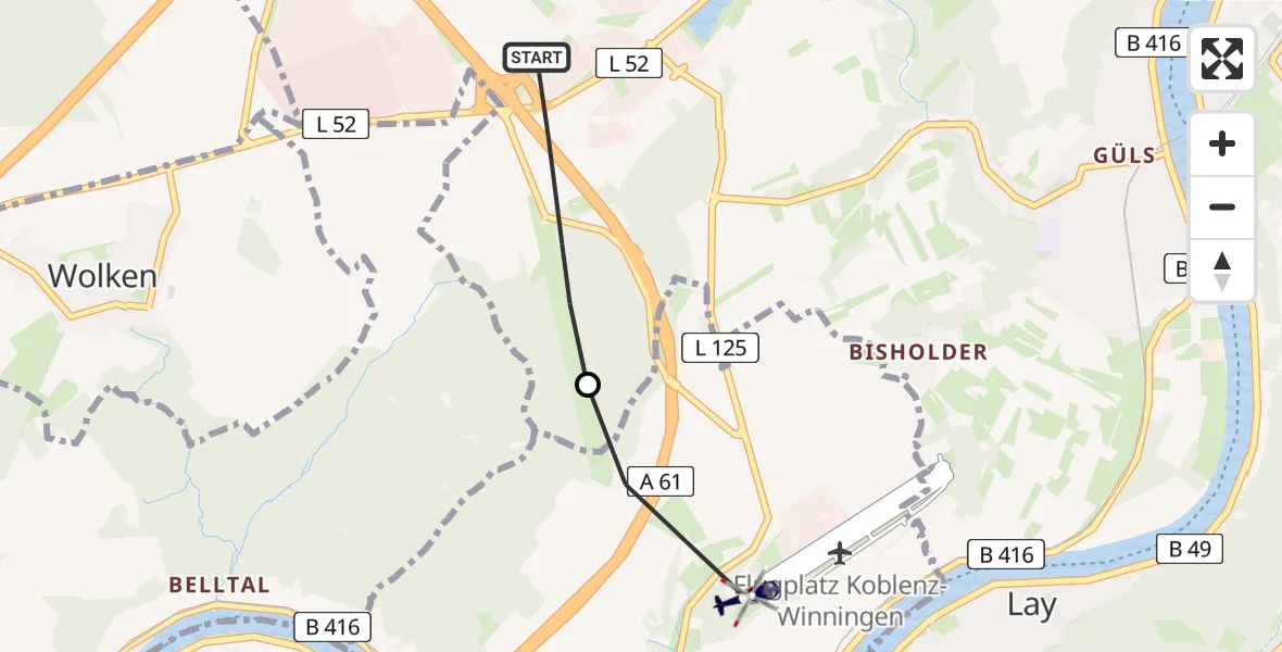 Flugroute Polizeihubschrauber Rübenach - Winningen, 18 Februar 2026, 19:16