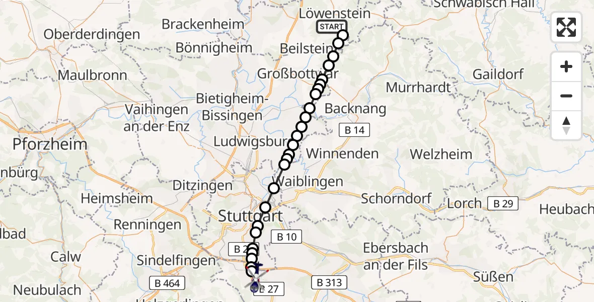 Routekaart van de vlucht: Polizeihubschrauber nach Stuttgart Airport