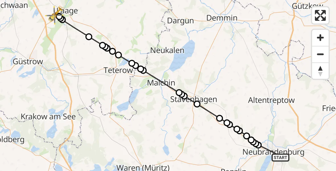 Flugroute Rettungshubschrauber Neubrandenburg - Rostock-Laage Airport, 18 Februar 2026, 19:54