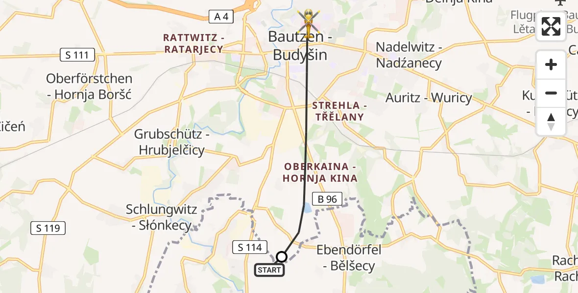 Flugroute Rettungshubschrauber Großdöbschütz - Bautzen, 18 Februar 2026, 20:36