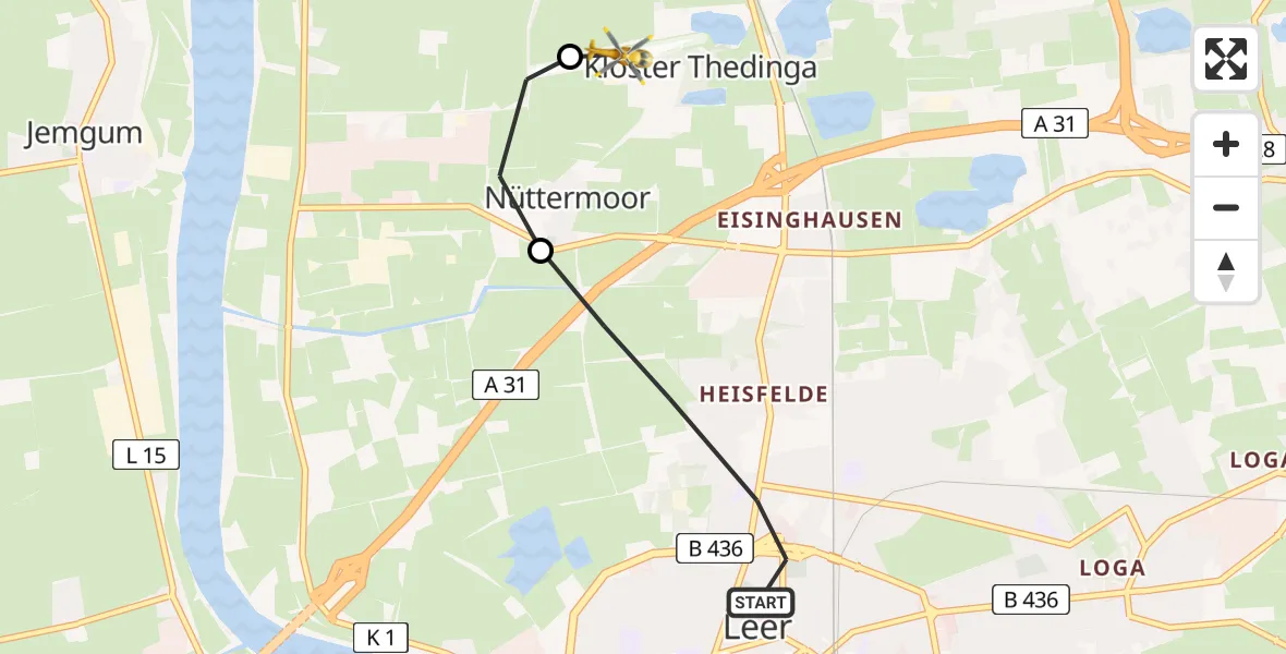 Flugroute Rettungshubschrauber Leer (Ostfriesland) - Flugplatz Leer-Papenburg, 18 Februar 2026, 21:48