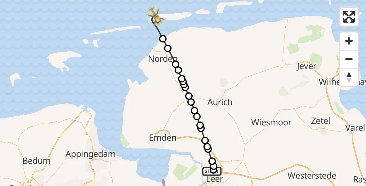 Flugroute Rettungshubschrauber Flugplatz Leer-Papenburg - Noordzee, 18 Februar 2026, 22:01