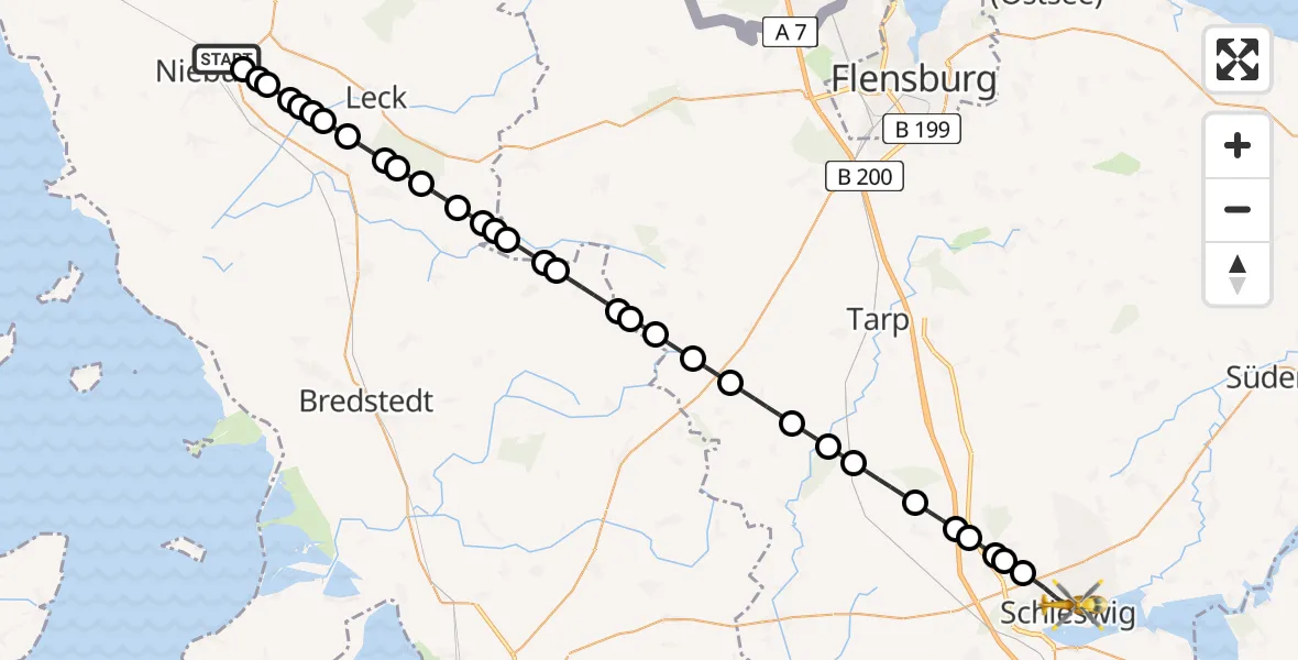 Flugroute Rettungshubschrauber Niebüll - Schleswig, 18 Februar 2026, 22:04