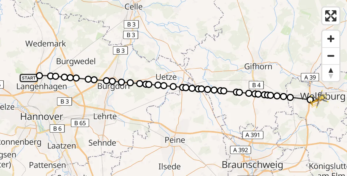 Flugroute Ambulanzhubschrauber Hannover Airport - Wolfsburg, 18 Februar 2026, 22:59
