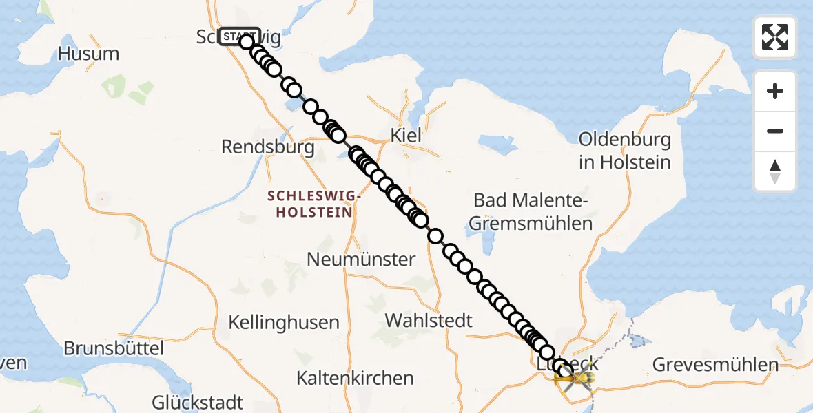 Flugroute Rettungshubschrauber Schleswig - Sankt Jürgen, 18 Februar 2026, 23:40