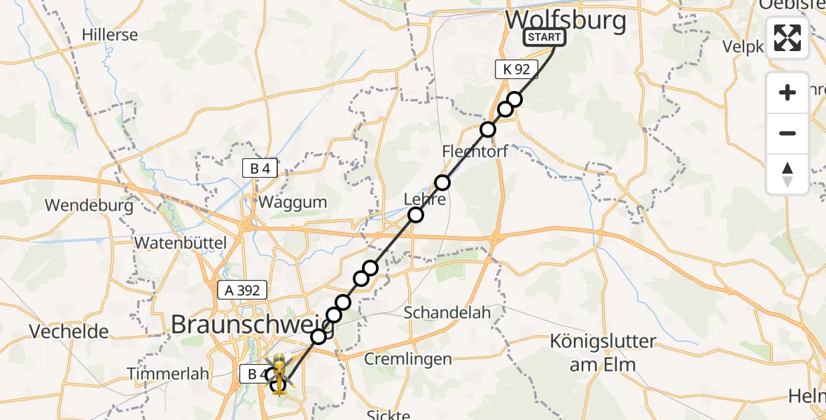 Flugroute Ambulanzhubschrauber Wolfsburg - Südstadt-Rautheim-Mascherode, 19 Februar 2026, 00:13