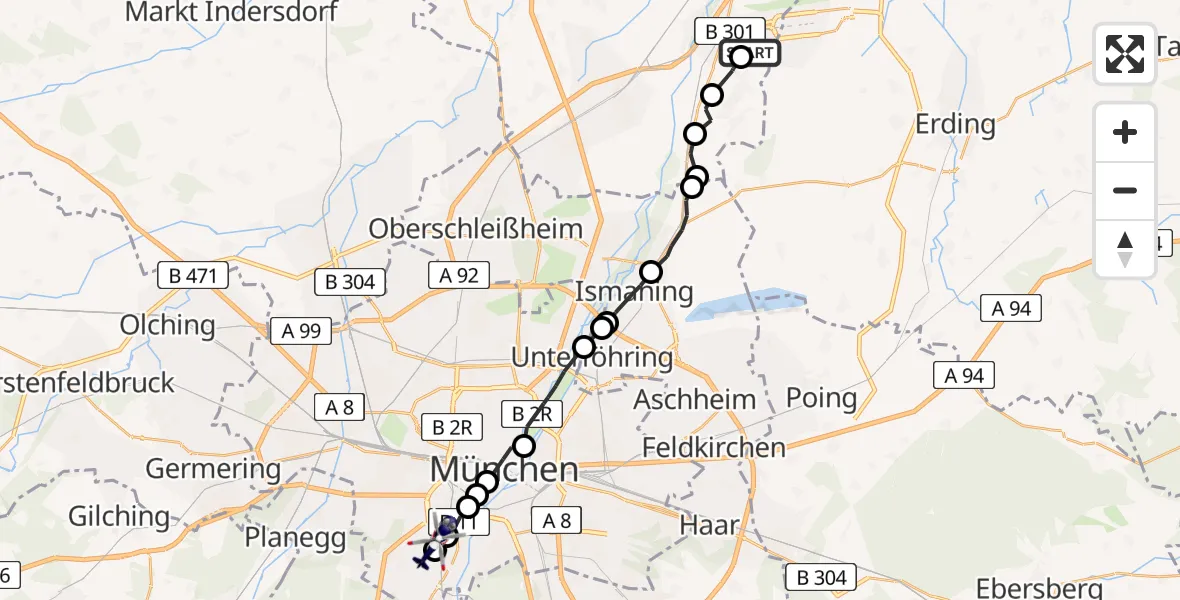 Flugroute Polizeihubschrauber Munich Airport - Thalkirchen-Obersendling-Forstenried-Fürstenried-Solln, 19 Februar 2026, 06:39