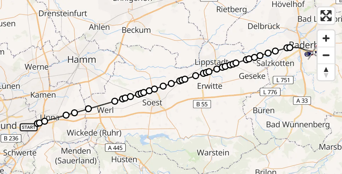 Flugroute Polizeihubschrauber Dortmund Airport - Paderborn, 19 Februar 2026, 06:55