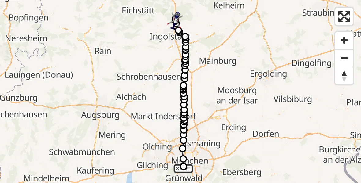 Flugroute Polizeihubschrauber Thalkirchen-Obersendling-Forstenried-Fürstenried-Solln - Stammham, 19 Februar 2026, 07:03