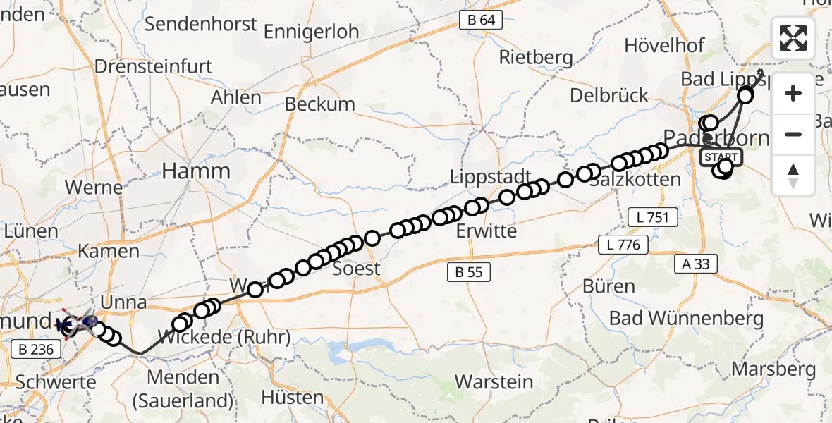 Flugroute Polizeihubschrauber Paderborn - Dortmund Airport, 19 Februar 2026, 07:26