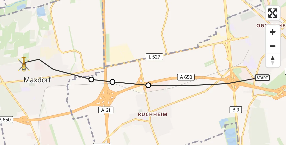 Flugroute Rettungshubschrauber Ludwigshafen am Rhein - Maxdorf, 19 Februar 2026, 07:40