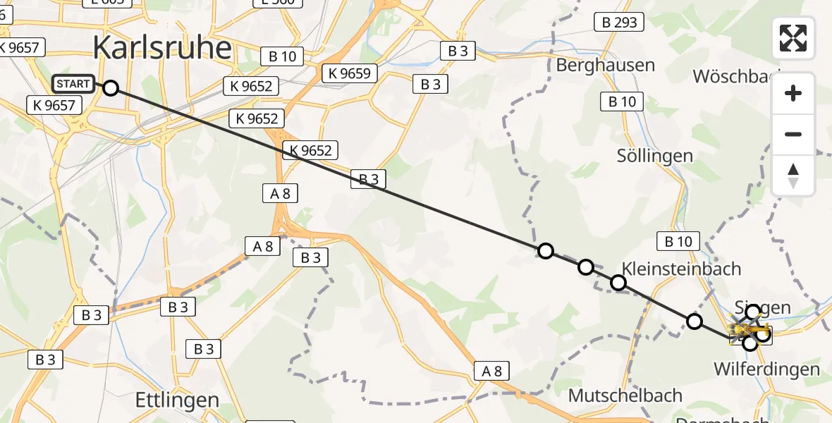 Flugroute Rettungshubschrauber Sankt Vincentius Hospital Heliport - Wilferdingen, 19 Februar 2026, 07:49