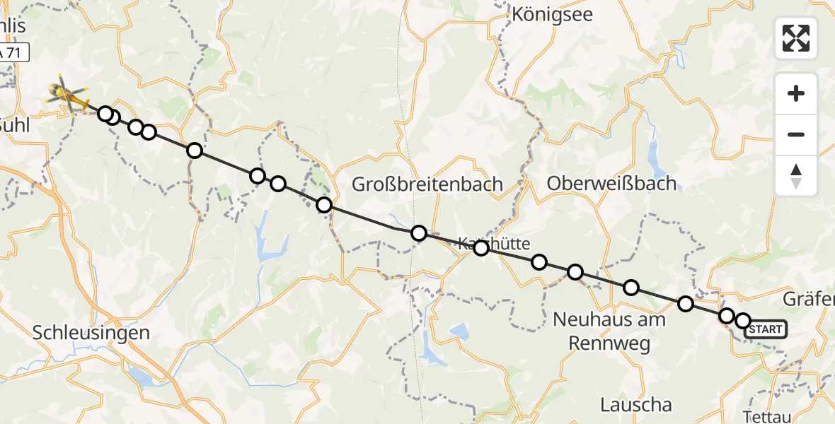 Flugroute Rettungshubschrauber Sommersdorf - Goldlauter, 19 Februar 2026, 08:12