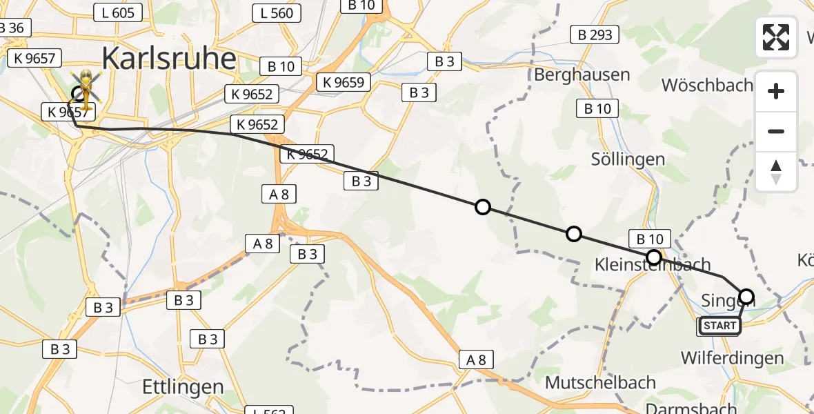 Flugroute Rettungshubschrauber Wilferdingen - Sankt Vincentius Hospital Heliport, 19 Februar 2026, 08:31
