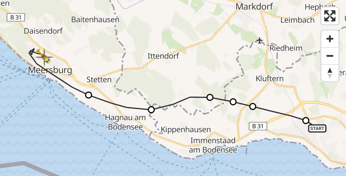 Flugroute Rettungshubschrauber Friedrichshafen Hospital Heliport - Meersburg, 19 Februar 2026, 08:38