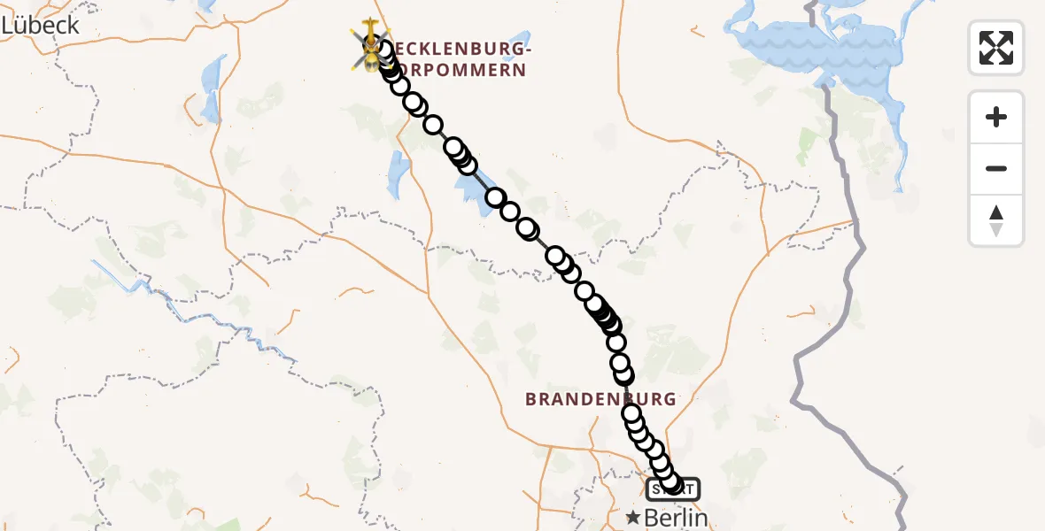 Flugroute Rettungshubschrauber Ahrensfelde Heliport - Suckow, 19 Februar 2026, 08:41
