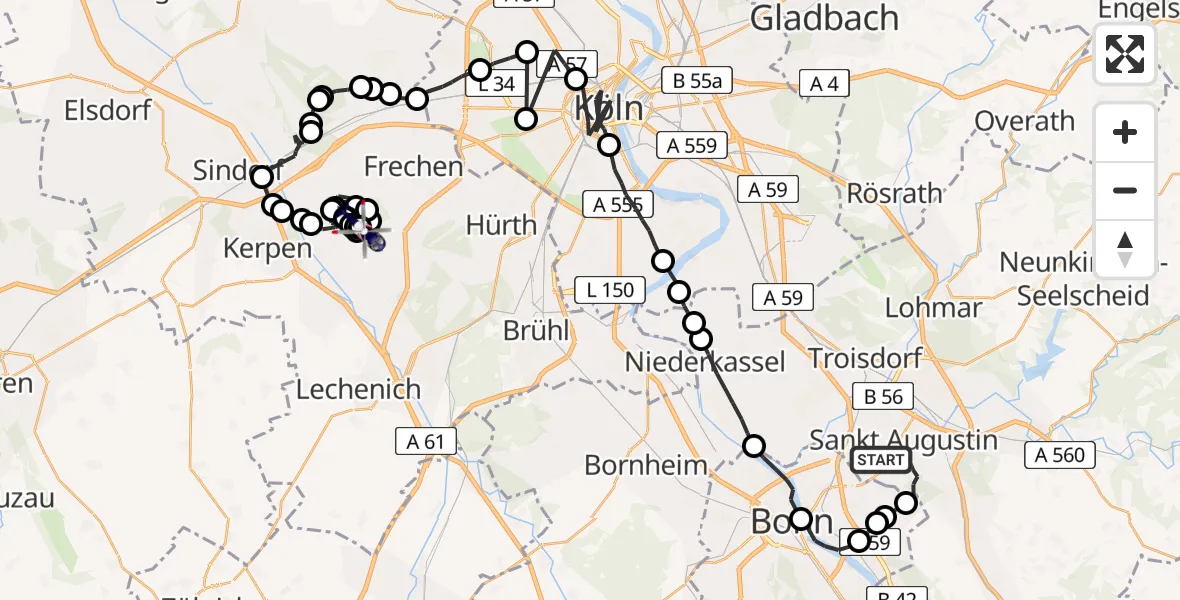 Flugroute Polizeihubschrauber Sankt Augustin - Grefrath, 19 Februar 2026, 08:51