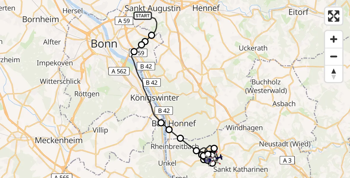 Flugroute Polizeihubschrauber Sankt Augustin - Linz am Rhein, 19 Februar 2026, 08:52