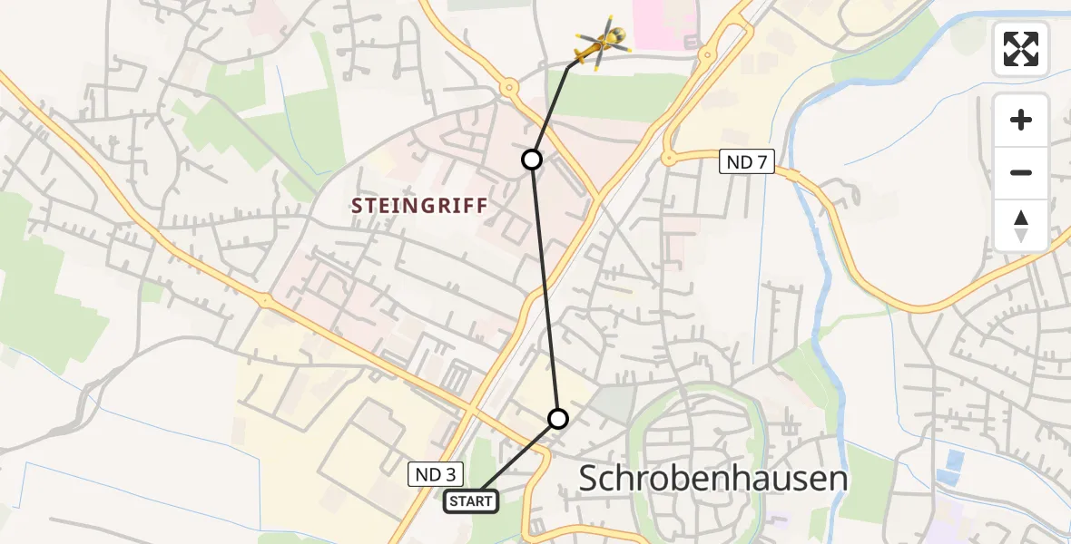 Flugroute Rettungshubschrauber Platte - Schrobenhausen District Hospital Heliport, 19 Februar 2026, 08:54