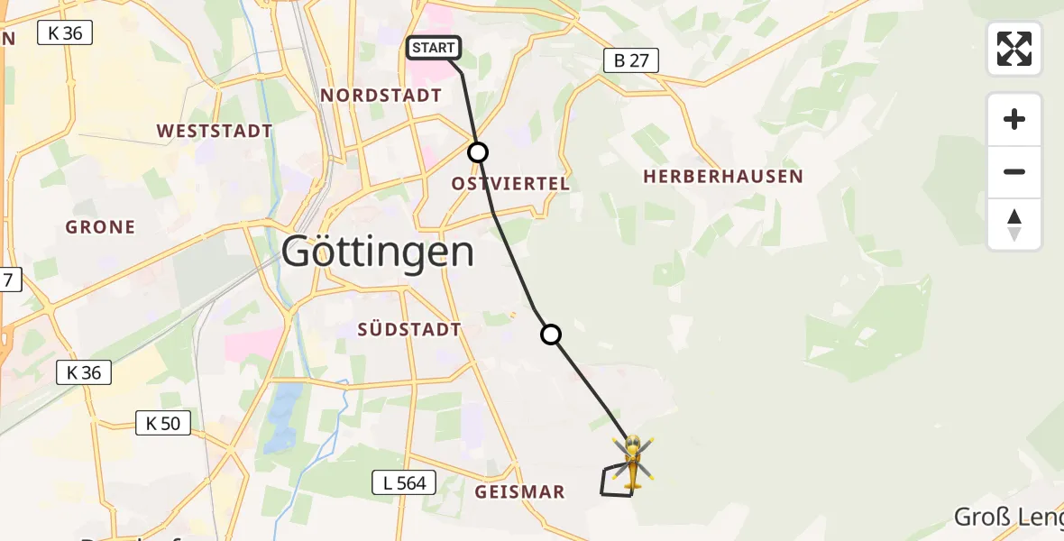 Flugroute Rettungshubschrauber Göttingen University Clinic Heliport - Göttingen, 19 Februar 2026, 09:18