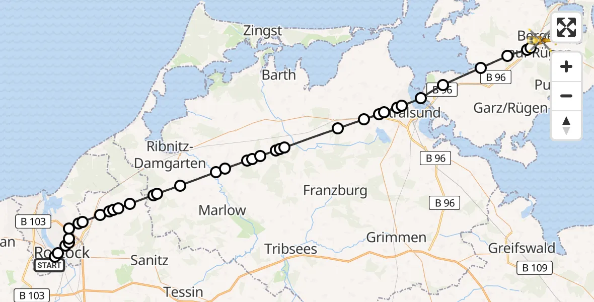 Flugroute Rettungshubschrauber Ortsbeirat 12 : Südstadt - Bergen auf Rügen, 19 Februar 2026, 09:27