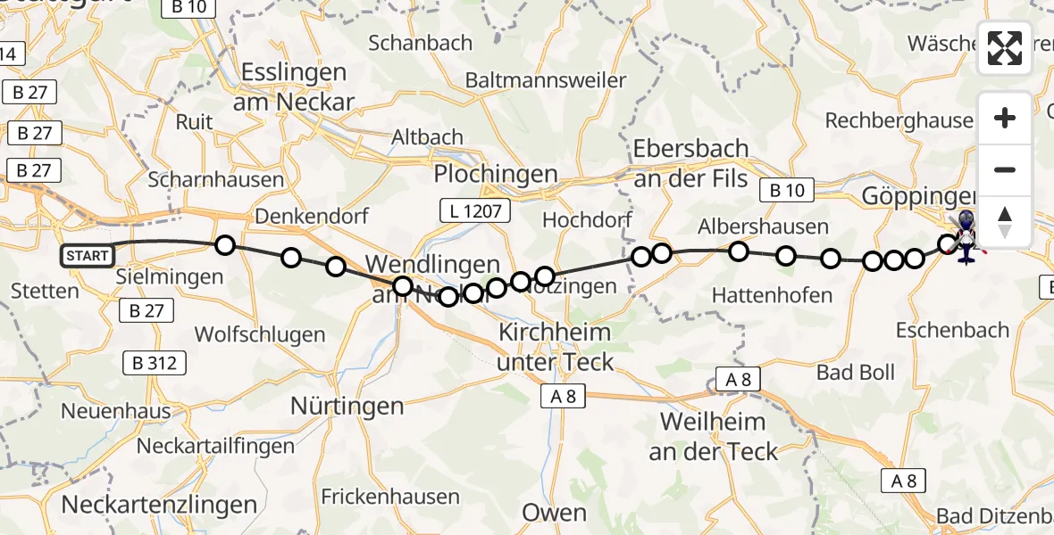 Flugroute Polizeihubschrauber Stuttgart Airport - Holzheim, 19 Februar 2026, 09:32