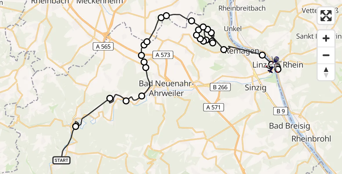 Flugroute Polizeihubschrauber Brück - Linz am Rhein, 19 Februar 2026, 09:37