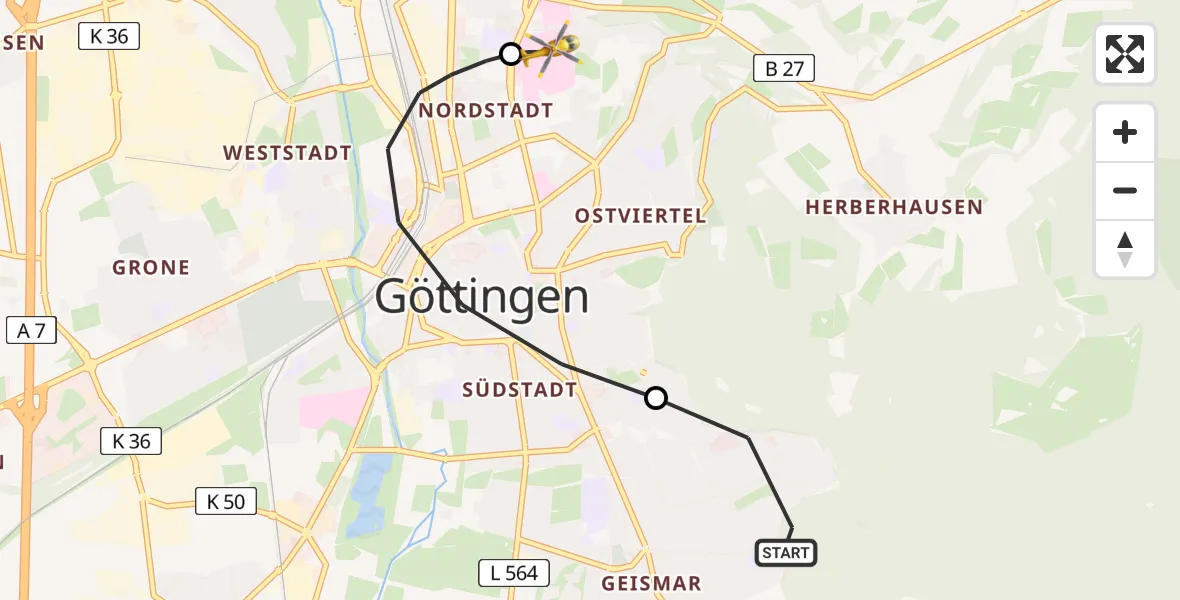 Flugroute Rettungshubschrauber Göttingen - Göttingen University Clinic Heliport, 19 Februar 2026, 09:39