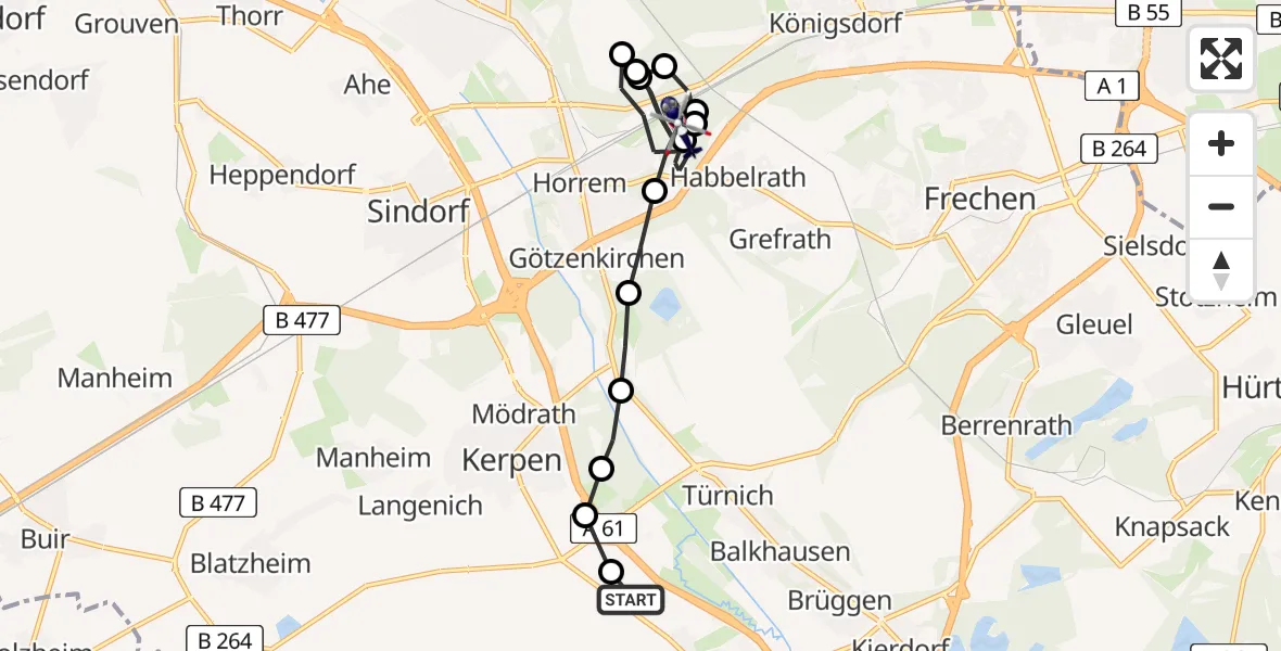 Flugroute Polizeihubschrauber Gymnich - Horrem, 19 Februar 2026, 09:41