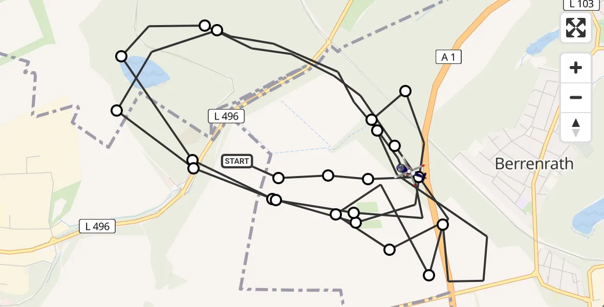Flugroute Polizeihubschrauber Frechen - Berrenrath, 19 Februar 2026, 09:43