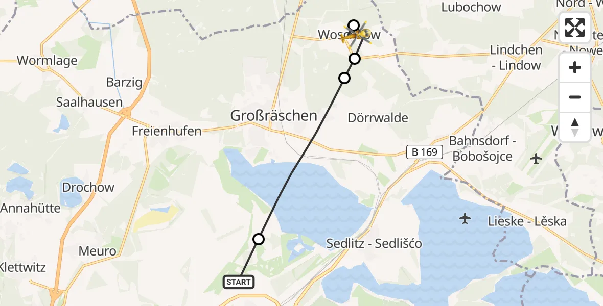 Routekaart van de vlucht: Rettungshubschrauber nach Großräschen, Woschkower Dorfstraße