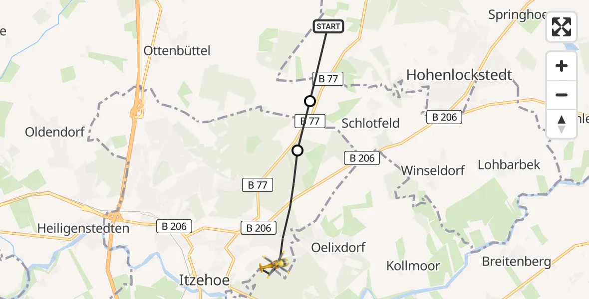 Flugroute Rettungshubschrauber Hohenlockstedt - Itzehoe, 19 Februar 2026, 09:47