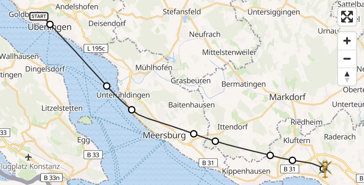 Flugroute Rettungshubschrauber Aufkirch - Friedrichshafen Hospital Heliport, 19 Februar 2026, 09:50