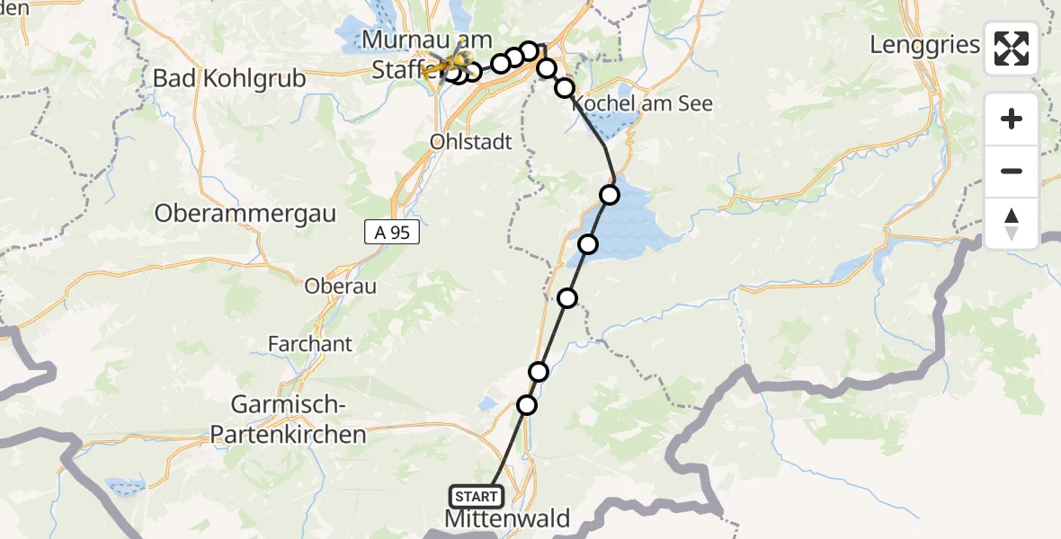 Flugroute Rettungshubschrauber Mittenwald - Murnau Accident Hospital Heliport, 19 Februar 2026, 09:51