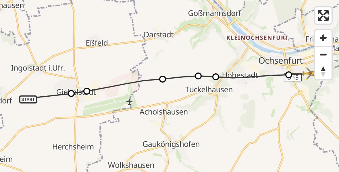 Flugroute Rettungshubschrauber Sulzdorf - Ochsenfurt Hospital Heliport, 19 Februar 2026, 09:53