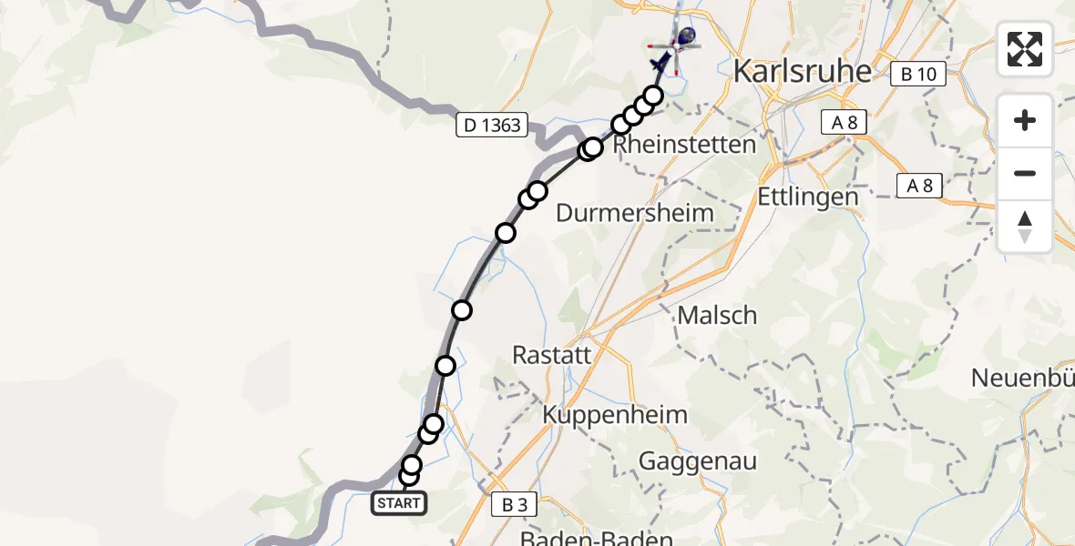 Flugroute Polizeihubschrauber Karlsruhe Baden-Baden Airport - Karlsruhe, 19 Februar 2026, 09:54