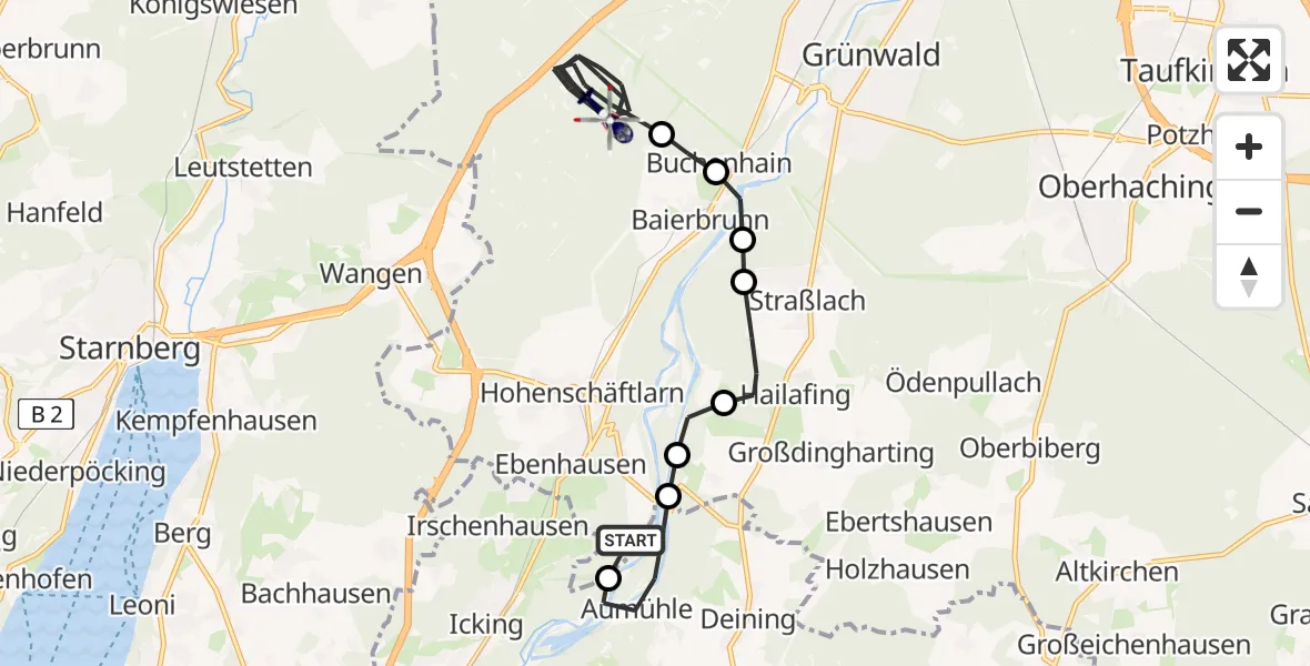 Flugroute Polizeihubschrauber Ebenhausen - Forstenrieder Park, 19 Februar 2026, 09:55