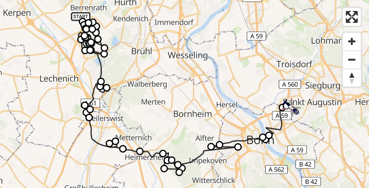 Flugroute Polizeihubschrauber Balkhausen - Sankt Augustin, 19 Februar 2026, 09:56