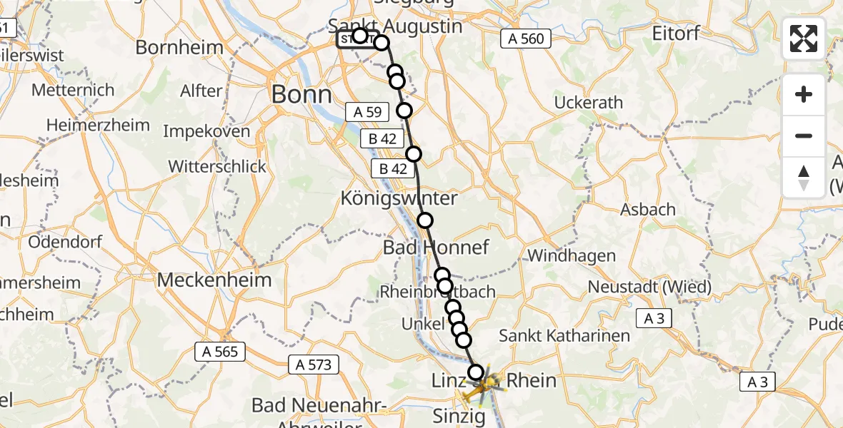 Flugroute Rettungshubschrauber Sankt Augustin - Kripp, 19 Februar 2026, 10:01