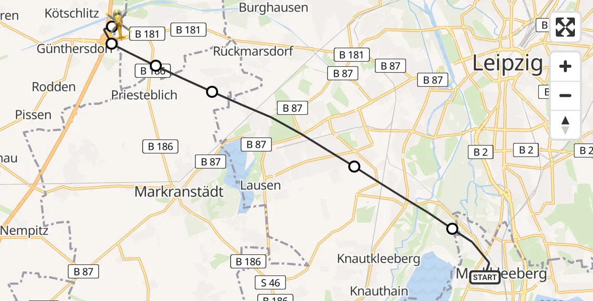 Flugroute Rettungshubschrauber Markkleeberg - ADAC Air Rescue Station Leipzig/Schkeuditz-Dölzig Heliport (Christoph 61), 19 Februar 2026, 10:04