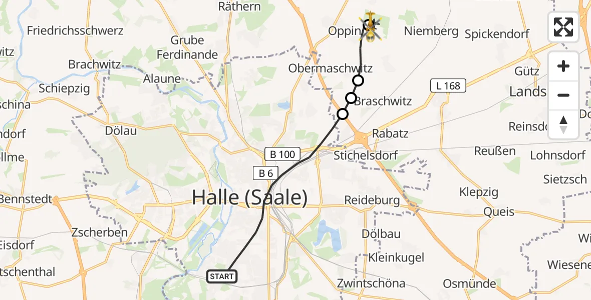 Flugroute Ambulanzhubschrauber Halle (Saale) - Halle-Oppin Airfield, 19 Februar 2026, 10:14